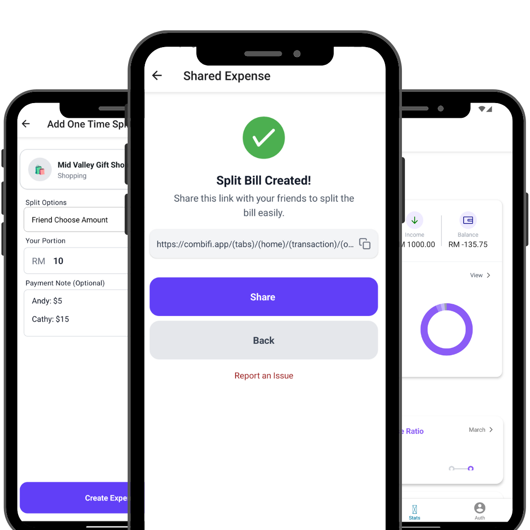 App interface showing expense tracking