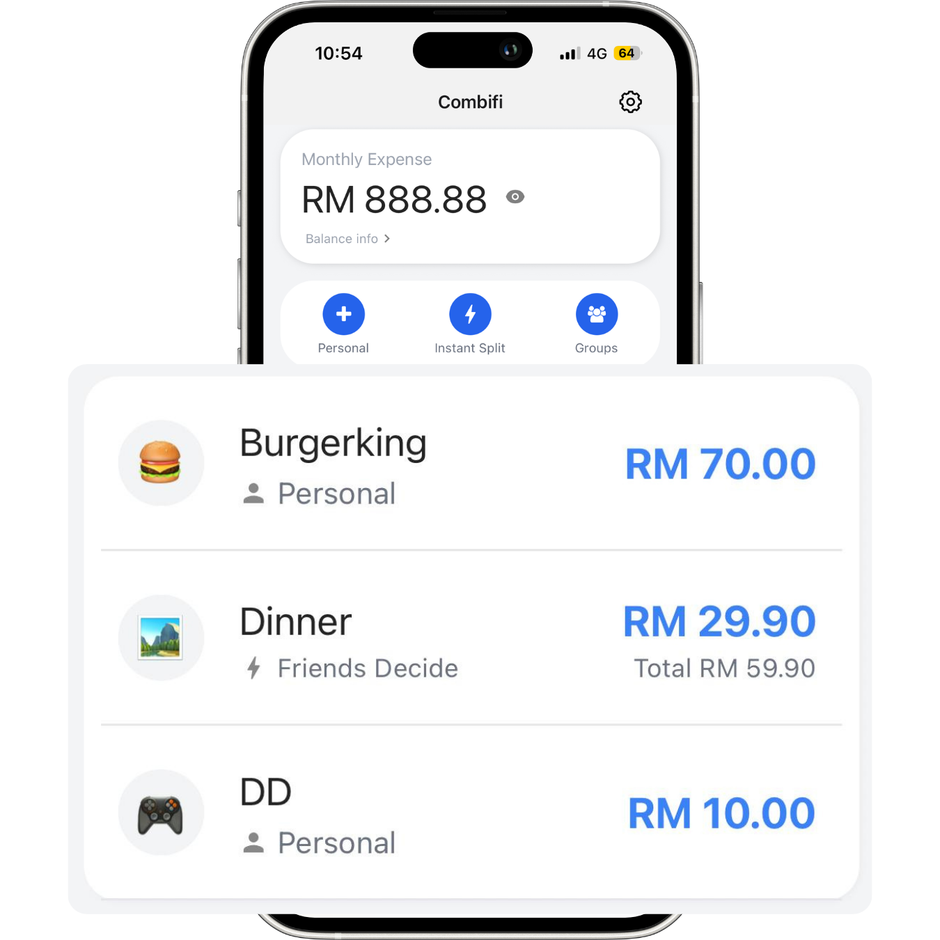 App interface showing expense tracking
