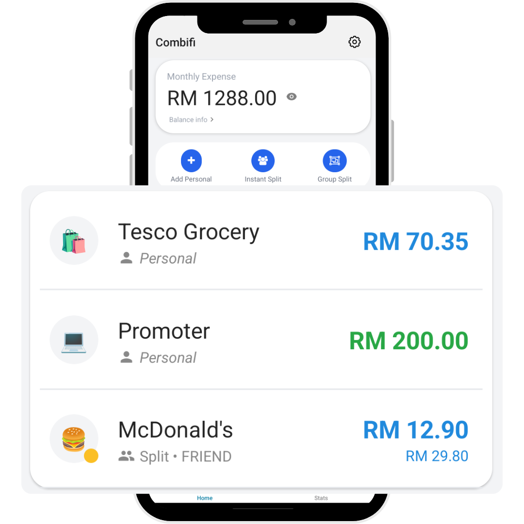 App interface showing expense tracking